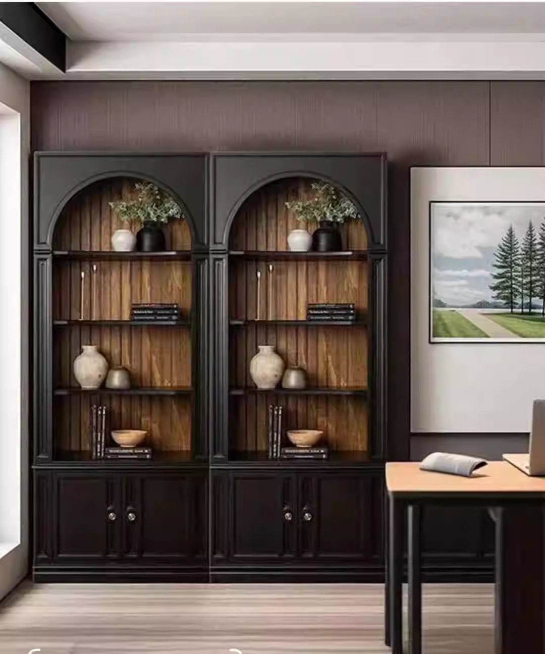 Estante de madeira maciça de madeira maciça arqueada retro