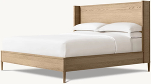 Cama de madeira maciça com cabeceira em forma de asa