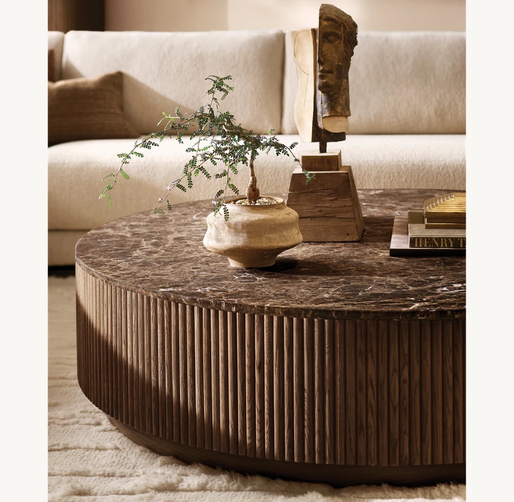 Mesa de café redondo de pedestal de pedra