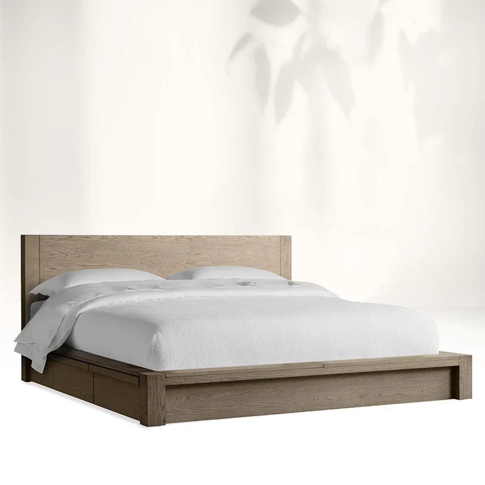 Cama de madeira de carvalho de armazenamento moderno em estilo country
