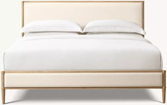 Cama de madeira maciça forrada em tecido